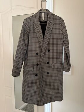 Plaid Double-Breasted Long Blazer Jacket - Gray